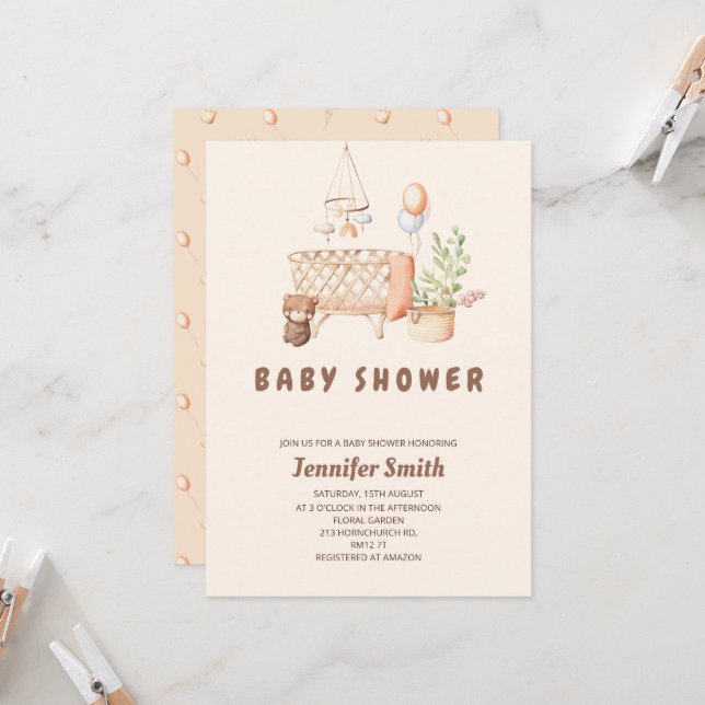 Invitation Baby shower mobile de la pépinière Boho (Devant/Arrière en situation)