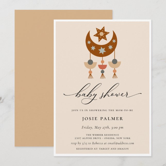 Invitation Baby shower mobile Earthouse Bohemian Moon (Devant / Derrière)