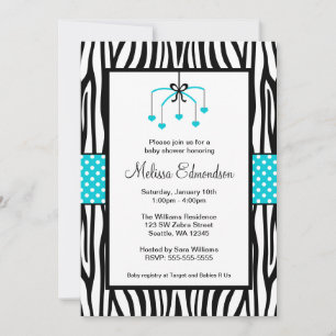 Invitation Baby shower mobile Turquoise Blue and Black Zebra 