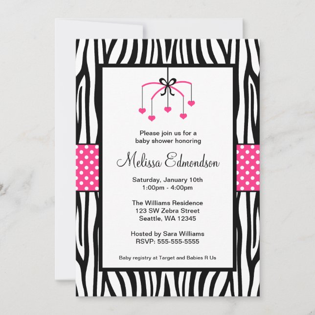 Invitation Baby shower mobile Zebra Coeur rose et noir (Devant)