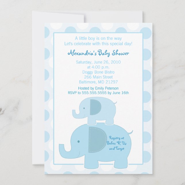 Invitation Baby shower Mod Blue Elephants 5x7 (Devant)