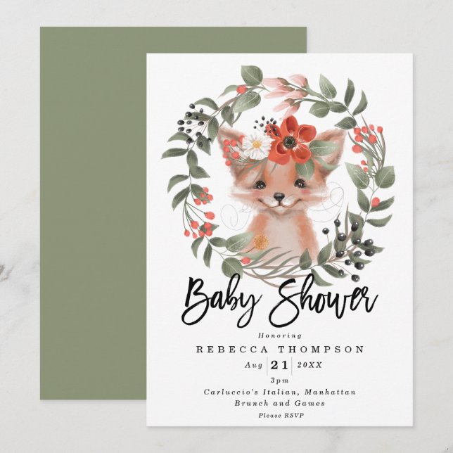 Invitation baby shower moderne à fleurs de renard moelleux (Devant / Derrière)