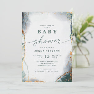 Invitation Baby shower moderne Abstrait Marine Green & Gold