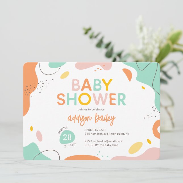 Invitation Baby shower moderne Abstrait neutre pour les femme (Debout devant)