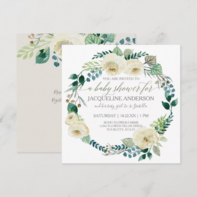 Invitation Baby shower Moderne Albâtre Rose feuille couronne (Devant / Derrière)