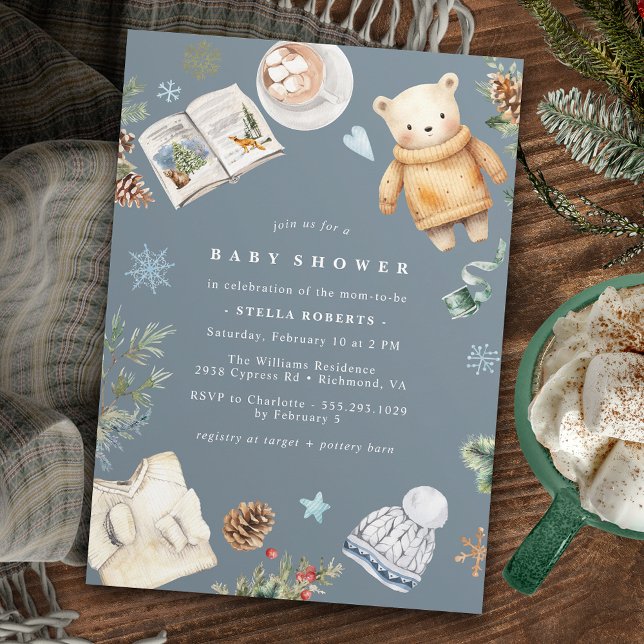Invitation Baby Shower Moderne Aquarelle Hivernale Bleue Neut (Créateur téléchargé)