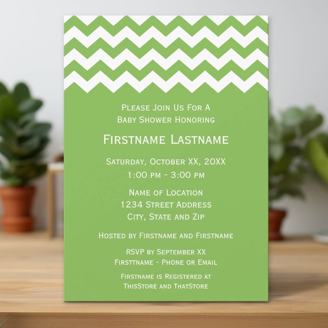 Invitation Baby shower moderne avec Chevrons verts et blancs (Custom Invitation with Download Option)