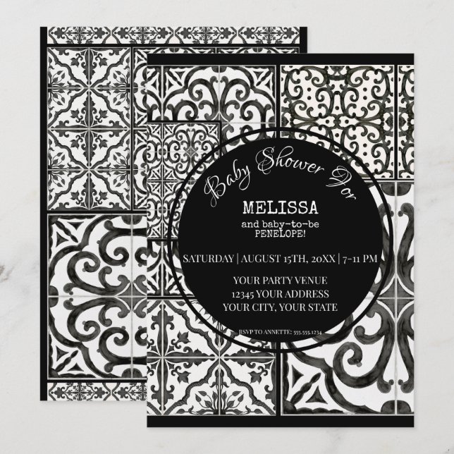 Invitation Baby shower moderne blanc noir blanc de tuile d'él (Devant / Derrière)