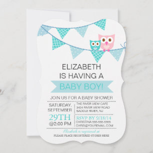 Invitation Baby shower moderne Blue Bunting Pennant Owl Boy