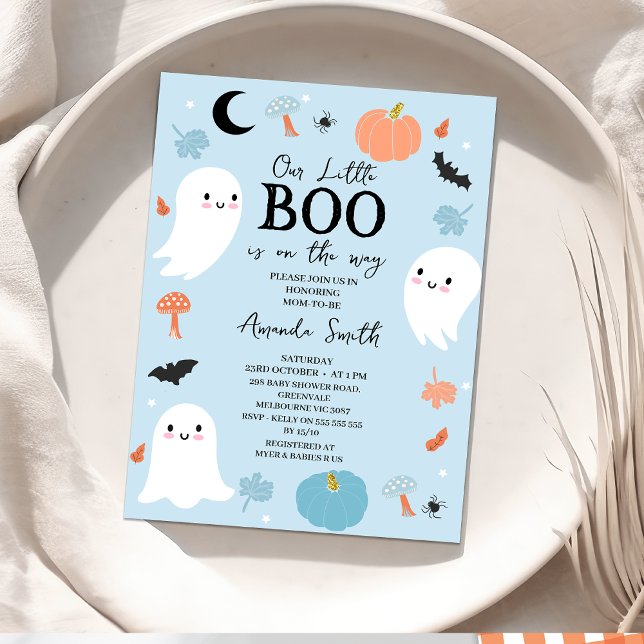 Invitation Baby shower moderne Blue Halloween Little Boo (Blue Halloween Baby Shower Invitation, Our Little Boo baby Shower Invitation, Ghosts October Baby )