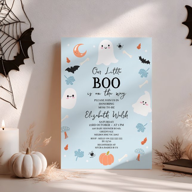 Invitation Baby shower moderne Blue Halloween Little Boo (A Little Boo is Almost Due Baby Shower Invitation, Little Boo Is Due Halloween Baby Shower Invite

)