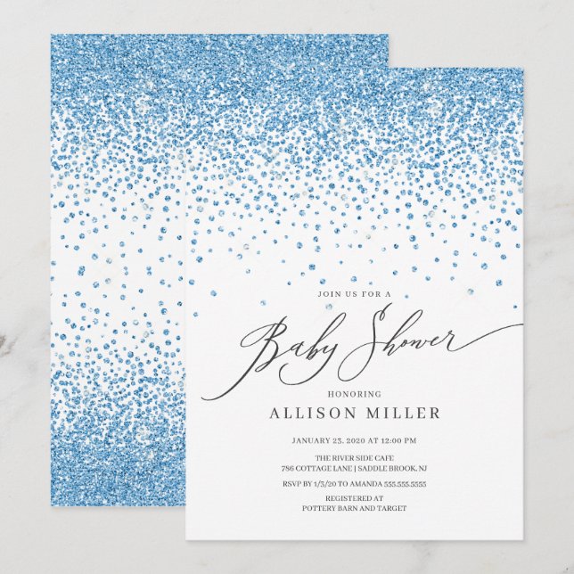 Invitation Baby shower moderne Blue Parties scintillant Boys (Devant / Derrière)