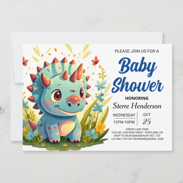 Invitation Baby shower moderne Blue Whimsical Dinosaur Boy (Devant)