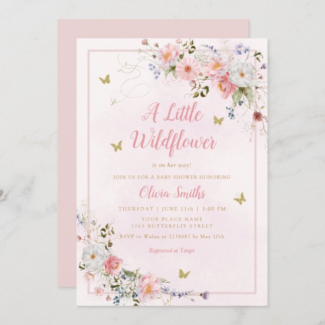 Invitation Baby shower moderne Boho Blush rose Fleur sauvage  (Devant / Derrière)