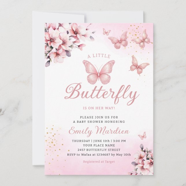 Invitation Baby shower moderne Boho rose floral papillon fill (Devant)