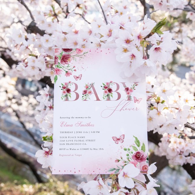 Invitation Baby shower moderne Boho rose floral papillon fill (Créateur téléchargé)