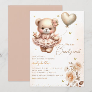 Invitation Baby shower moderne Boho Teddy Bear Balloon Girl