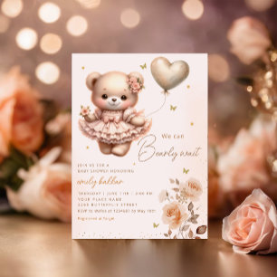 Invitation Baby shower moderne Boho Teddy Bear Balloon Girl