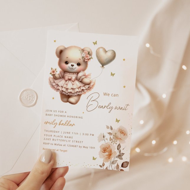Invitation Baby shower moderne Boho Teddy Bear Balloon Girl (Créateur téléchargé)