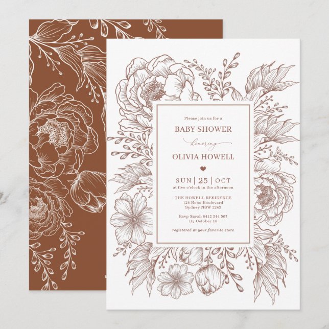 Invitation Baby shower moderne Boho Terracotta à fleurs blanc (Devant / Derrière)