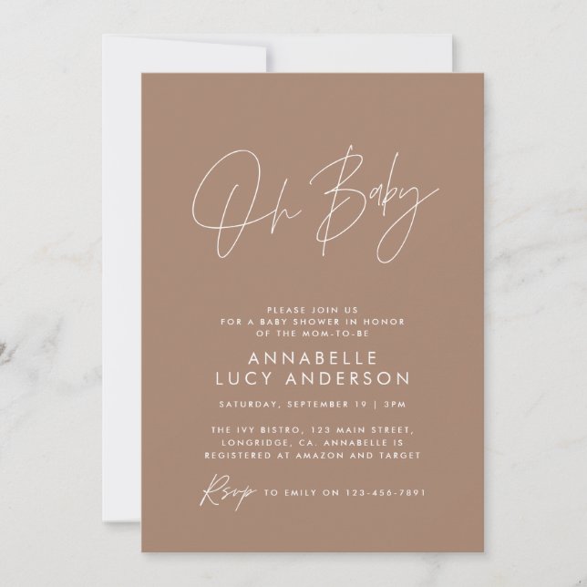 Invitation Baby shower moderne brun brun élégant photo (Devant)