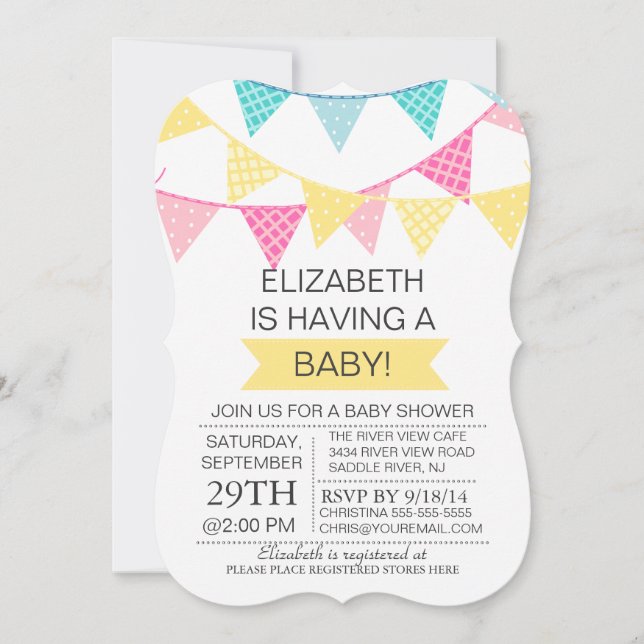 Invitation Baby shower moderne Bunting Jaune Genre Neutre (Devant)