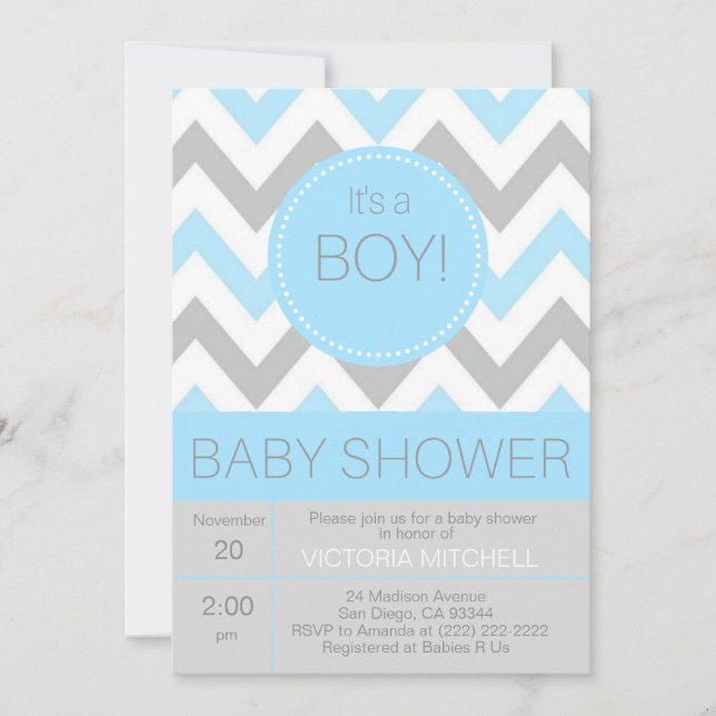 Invitation Baby shower moderne "C'est un garçon" bleu/gris Ch (Devant)