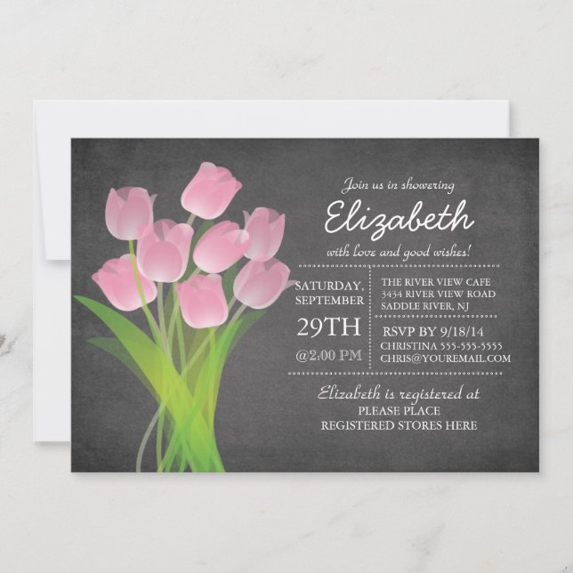Invitation Baby shower moderne Chalkboard Pink Tulip Girls (Devant)