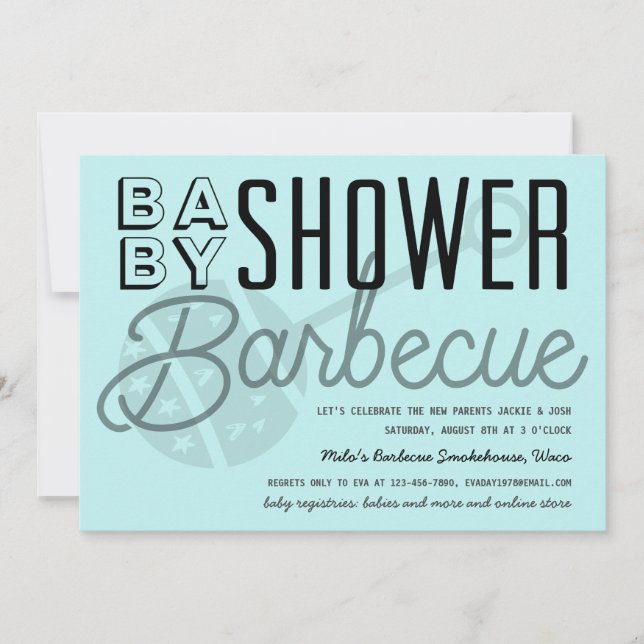 Invitation Baby shower moderne Couples Barbecue Bleu clair (Devant)