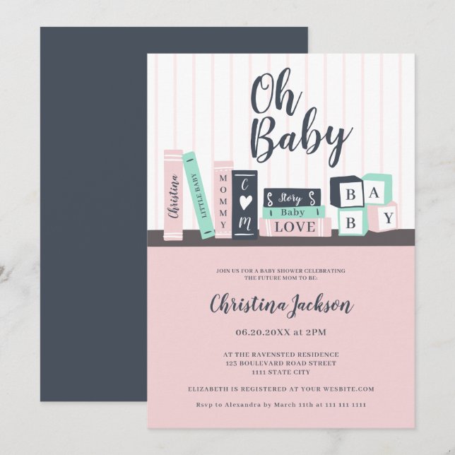 Invitation baby shower moderne de bibliothèque de livres pour (Devant / Derrière)