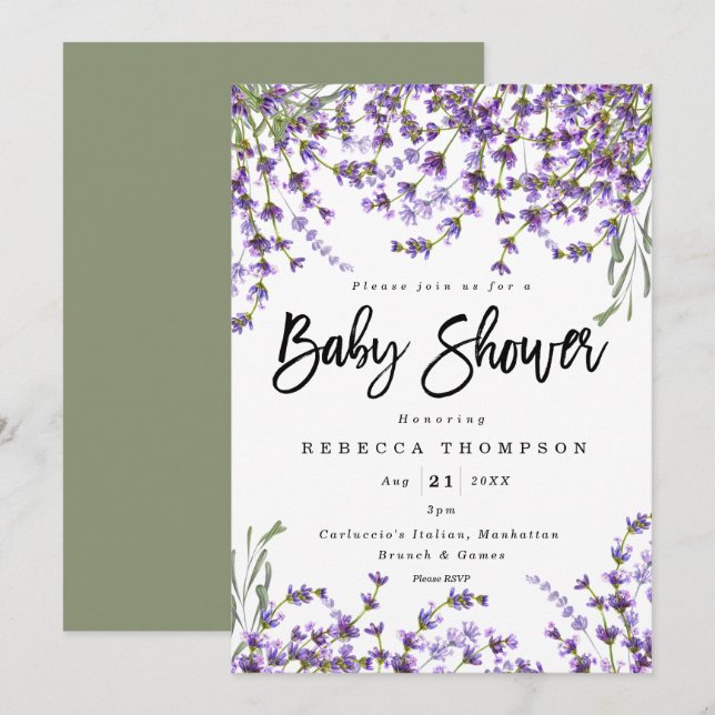 Invitation baby shower moderne de boho floral de lavande (Devant / Derrière)