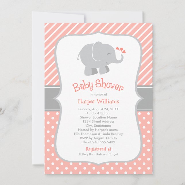 Invitation Baby shower moderne de fille éléphante de corail (Devant)
