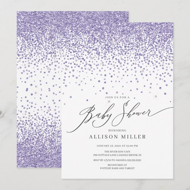 Invitation Baby shower moderne de filles Parties scintillant  (Devant / Derrière)