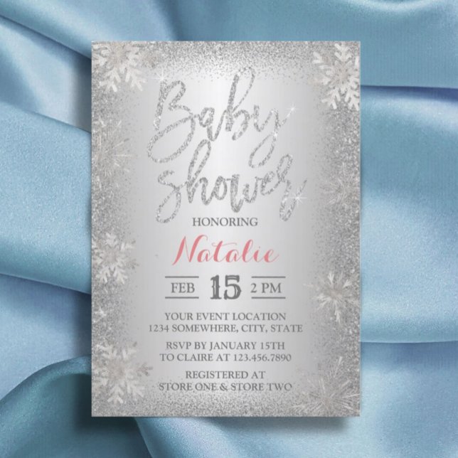 Invitation Baby shower moderne de flocon de neige en argent d (Créateur téléchargé)
