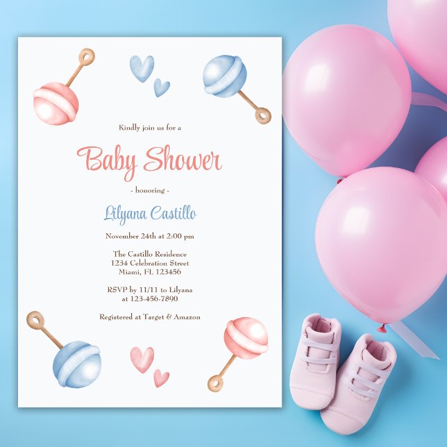 Invitation Baby shower moderne de jouets pour bébés bleu rose (Créateur téléchargé)