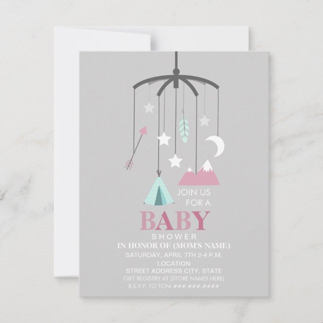 Invitation Baby shower moderne de la fille mobile inspirée de (Devant)