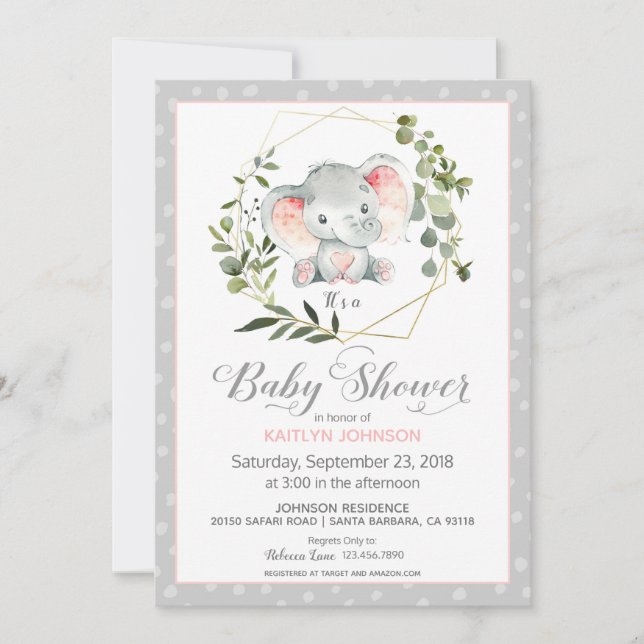 Invitation Baby shower moderne de l'éléphant gris (Devant)