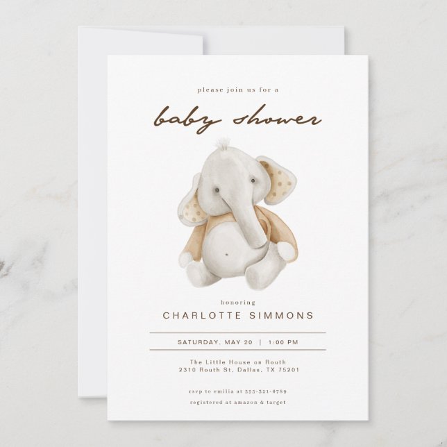 Invitation Baby shower moderne d'éléphant neutre pour les fem (Devant)