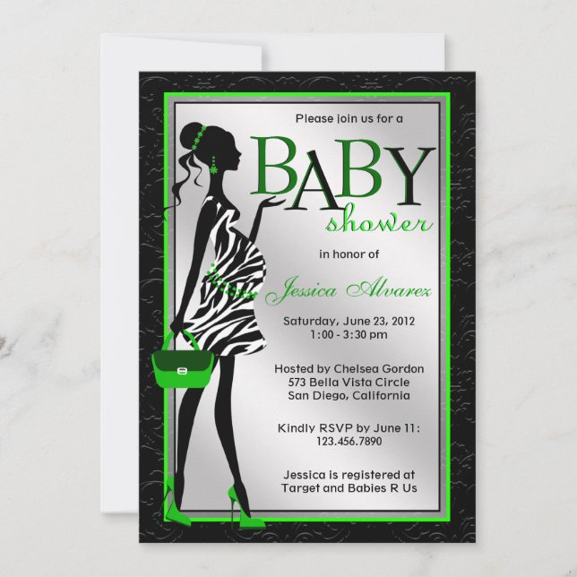 Invitation Baby shower moderne élégant chic de zèbre de vert (Devant)
