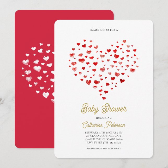 Invitation Baby shower moderne élégant de Red Hearts (Devant / Derrière)