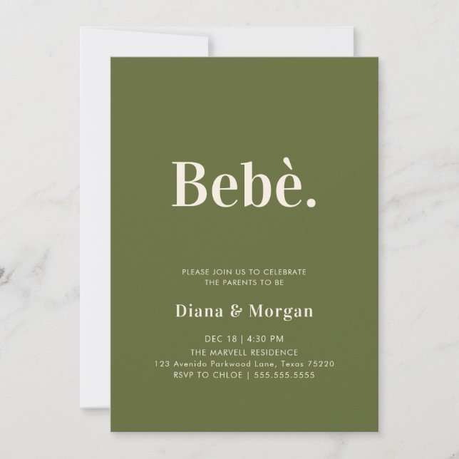 Invitation Baby shower moderne élégant Olive Green (Devant)