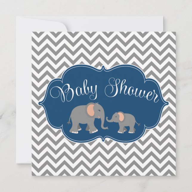 Invitation Baby shower moderne Elephant Chevron Marine Blue G (Devant)