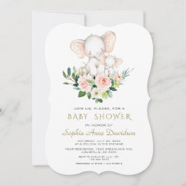 Invitation Baby shower moderne Elephant rose crème Fleurs