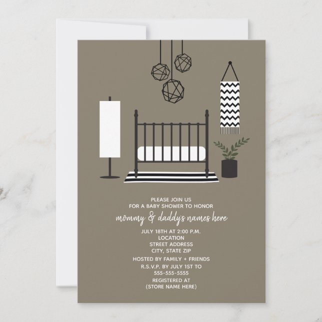 Invitation Baby shower moderne en pépinière noir et blanc (Devant)