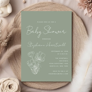 Invitation Baby Shower Moderne en Vert Sauge avec Illustratio
