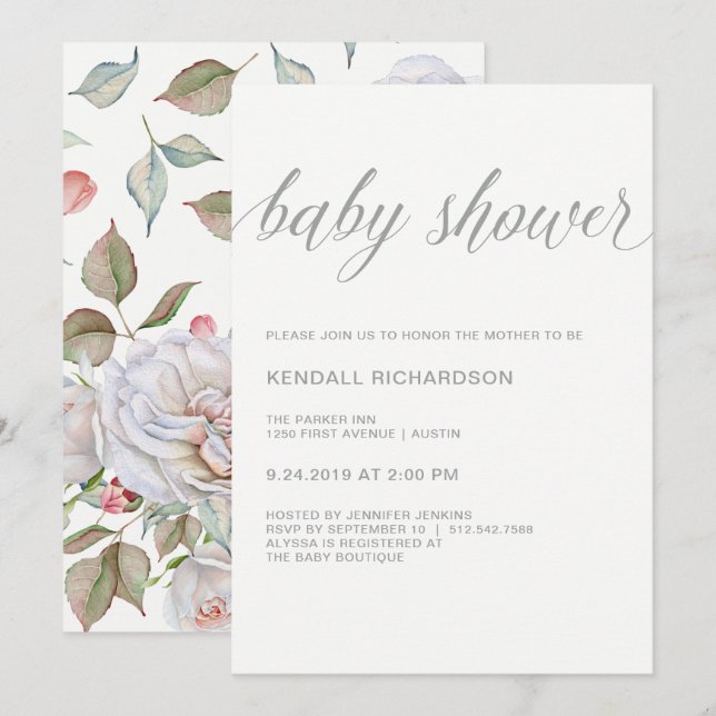 Invitation Baby shower moderne et élégant | Délicat retour fl (Devant / Derrière)