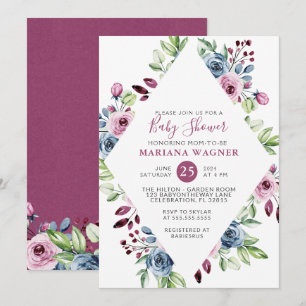 Invitation Baby Shower Moderne Fleurs de Navy Bordeaux