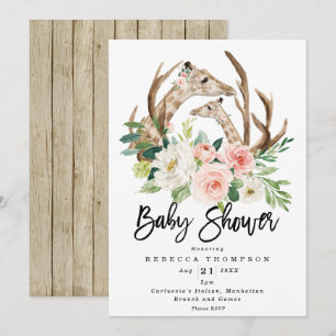 Invitation baby shower moderne floral rustique de girafes