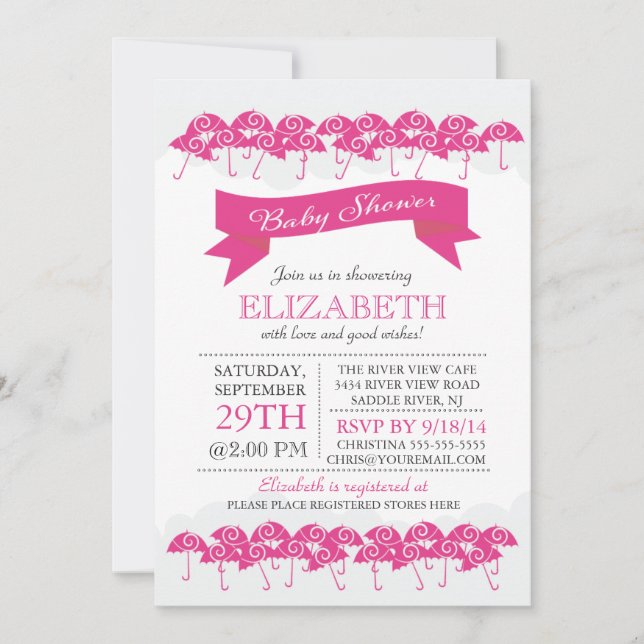 Invitation Baby shower moderne Fuchsia Pink Umbrella Girls (Devant)