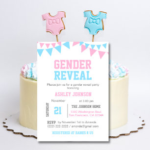 Invitation Baby shower moderne GENDER REVEY rose Bleu